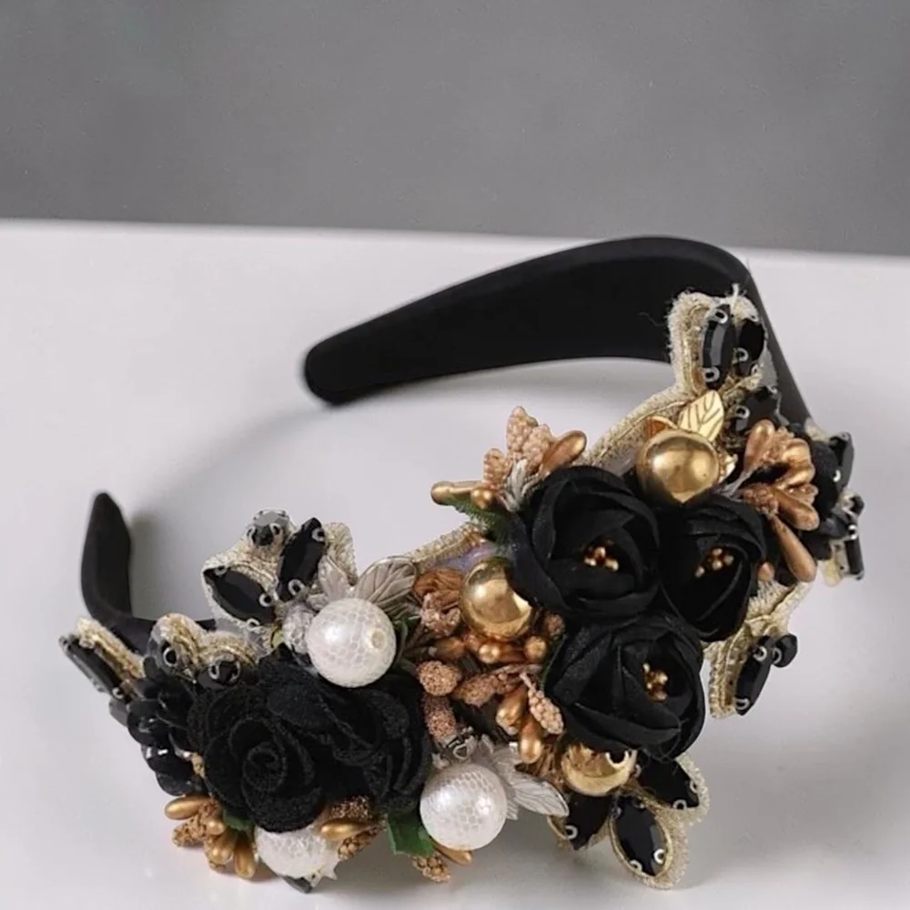 Black Floral Rhinestone Pearl Statement Headband Boutique Glam Hair Accessory